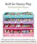 4 Tier Toy Storage Organizer With 16 Removable Bins For Kids Playroom Durable Engineered Wood Frame With Steel Dowels