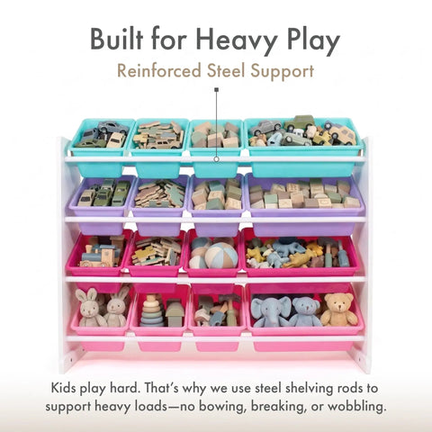 4 Tier Toy Storage Organizer With 16 Removable Bins For Kids Playroom Durable Engineered Wood Frame With Steel Dowels