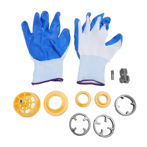 ZJchao PVC Pipe Threader Kit With 3 Dies For 1/2 3/4 And 1 Inch Plastic Pipes including blue gloves and yellow accessories.