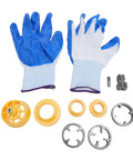 A Total Knockout PVC Pipe Threader Kit 6 Piece Plastic Pipe Threading Tool Makes Your Standard Drill A Smooth Operator For Quick Plumbing Fixes And Hella Reliable DIY Jobs All Around, includes blue gloves and various attachments.