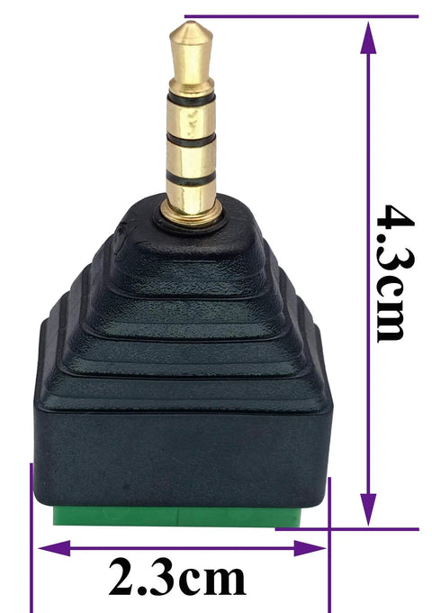 No Sweat Setup 3.5mm TRRS Audio Male To Four Pin Female Screw Terminal Solderless Converter Adapter, dimensions 4.3cm x 2.3cm.