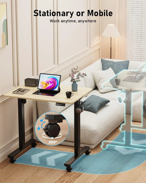 Slick 32 Inch Electric Standing Desk Built Tough With Swivel Rolling Casters And No Sweat Height Switches for mobile work setup.