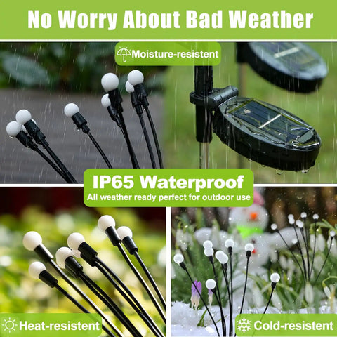 Solar Garden Lights Outdoor 2 Pack 16 LED Firefly String Lights Waterproof showing IP65 waterproof feature in rain and snow.