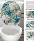 Round Resin Toilet Seat for Bathroom with starfish and shells design, features quick release and stainless steel hinge.