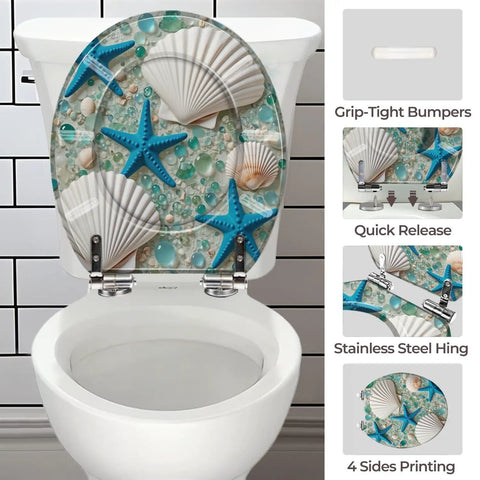 Round Resin Toilet Seat for Bathroom with starfish and shells design, features quick release and stainless steel hinge.