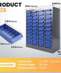 Image of Ultra Handy 40 Drawer Parts Cabinet for nuts, bolts, and small hardware, showing dimensions and ABS drawers with dividers.