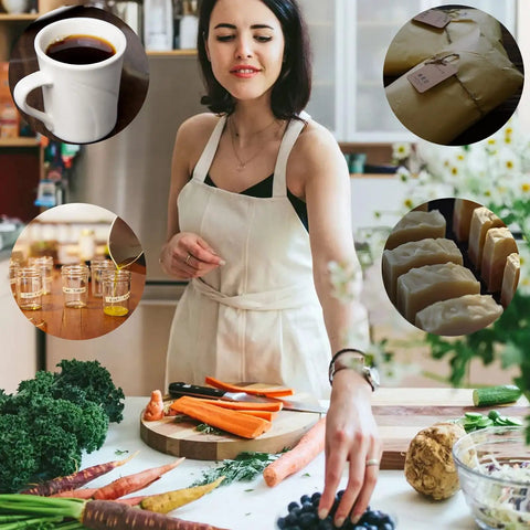 Woman preparing ingredients on counter for cooking, surrounded by images of coffee, packages, drinks, and soap in kitchen setting.