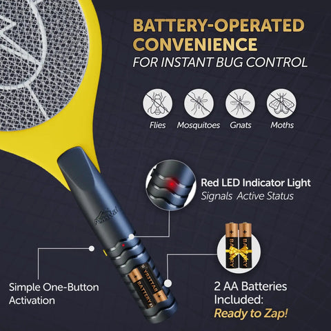 18 Inch Electric Fly Swatter Zapper Racket For Indoor Outdoor Use, Battery Operated Bug Killer With 3000 Volt Zap, Tennis Style Mosquito And Fly Killer, Easy To Use With Two AA Batteries Included - Yellow, showing battery compartment and activation button