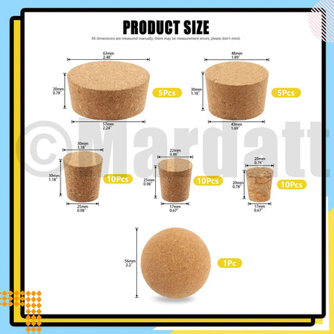 Assorted Wooden Cork Plugs Kit, 41 Pieces In 6 Sizes, Tapered And Ball Corks, Natural Soft Wine Bottle Corks with measurements