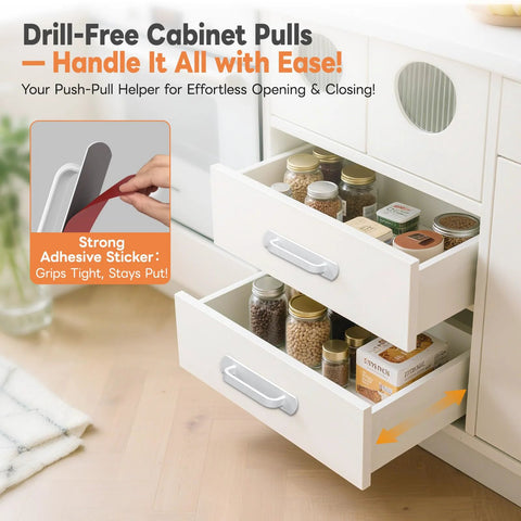 2 Pack 5.7 Inch Aluminum Alloy Adhesive Cabinet Handles No Drill Peel And Stick on kitchen drawers with strong tape.