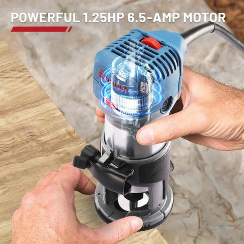 Person using Compact Wood Router Kit with 6.5 Amp 1.25 HP Power 32000 RPM Handy Beginner Friendly DIY Trim Router on wood surface