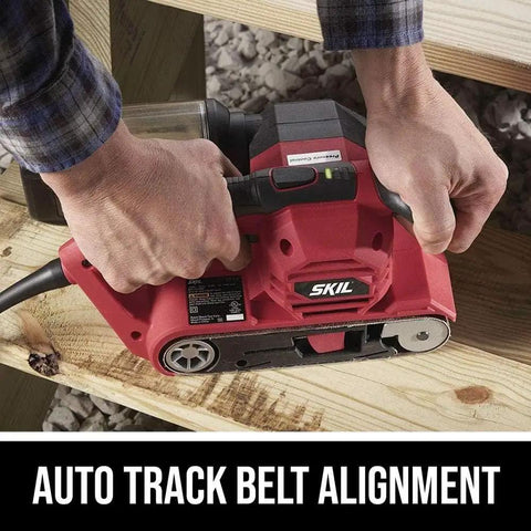 Beast 6 Amp Belt Sander with Auto Track Alignment used on wood, showing auto track feature and pressure control.