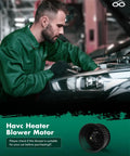 Mechanic inspecting Havc Heater Blower Motor under car hood with product image and caution to check compatibility.