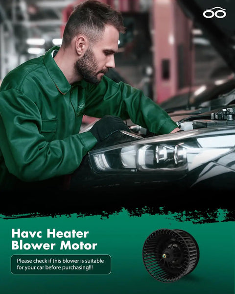 Mechanic inspecting Havc Heater Blower Motor under car hood with product image and caution to check compatibility.