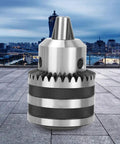 Close-up of Heavy Duty Keyed Drill Chuck Set 1/8 to 5/8 Inch Capacity, 3-16mm, 1/2-20 UNF Mount, Includes Key, against cityscape