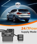 Dash Cam Constant Power Cable With OBD II Adapter, Dual USB Charger, 24 Seven Power Supply Mode with car shown in background