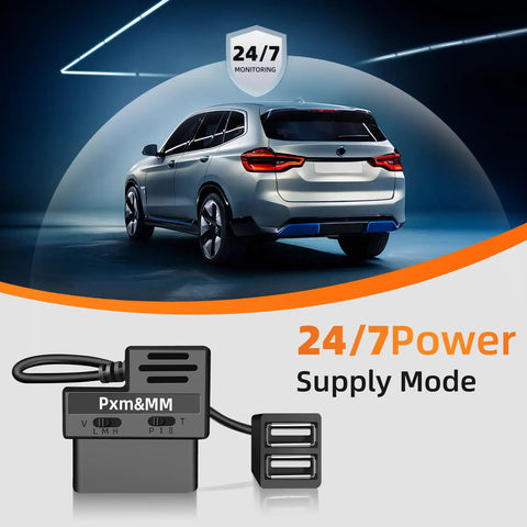 Dash Cam Constant Power Cable With OBD II Adapter, Dual USB Charger, 24 Seven Power Supply Mode with car shown in background