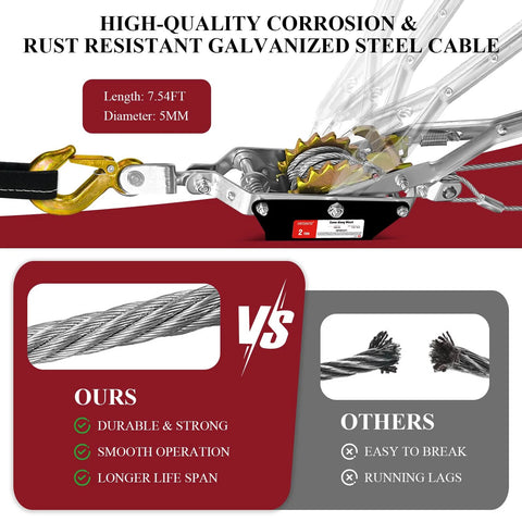 2 Ton 4480 Lbs Come Along Winch With 7 Foot Steel Cable Dual Gear Ratchet Power Puller details, corrosion-resistant cable comparison.