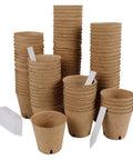 Seedling Pots 45 Pack With Labels For Easy Germination And Root Care, multiple stacks with drainage holes and white labels.