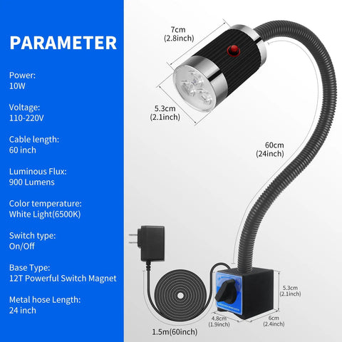 Diagram of Ultra Bright Magnetic LED Work Light With Flexible And Magnetic Base For Lathe Workbench Sewing Machine Grill And Bandsaw 900 Lumen 10W Shop Tool Lamp Black For Industrial Projects Boss Grade. Features include 24-inch flexible arm and 900 lumens.