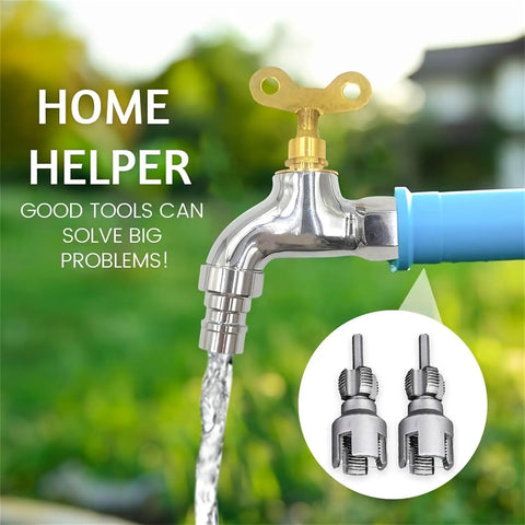 2pc Dual Function Pipe Threader Tool Set For Pvc Pipe 1/2 Inch 3/4 Inch And 1 Inch Die Compatible With Electric Drill For Home Plumbing Repairs Silver Finish next to a faucet.