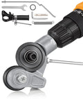 Close-up of Upgraded Metal Cutter Drill Bit Attachment With Stabilizer Handle, featuring gear mechanism and accessories.
