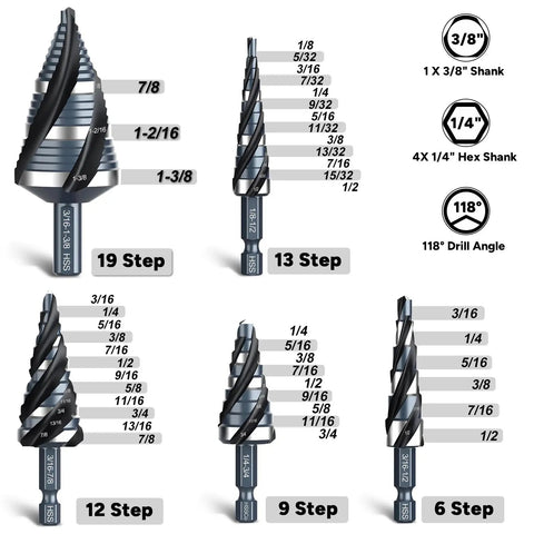 Image showing a Five Piece Four Spiral Flute Step Drill Bit Set 1/8 To 1-3/8 Inch High Speed Steel Unibit with sizes and hex shanks.