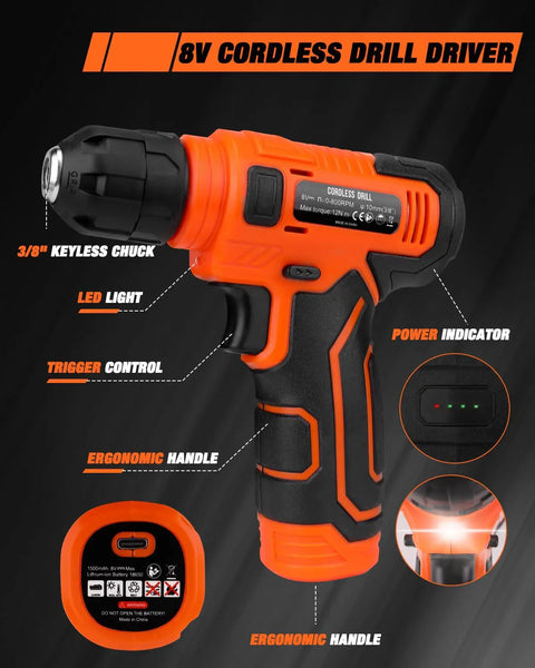 Orange 8V cordless drill from 139 Piece Tool Set With 8V Cordless Drill Driver In Sturdy Toolbox Case Must Have Home Repair Kit