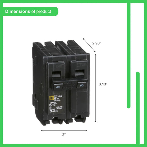 Snappy 60 Amp Mini Circuit Breaker Two Pole 120 240V AC With 10KA Trip Rating Direct Plug Mount dimensions 2.98" x 3.13" x 2"