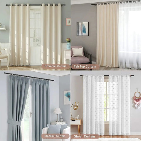 Various curtain styles including grommet, tab top, blackout, and sheer on extra long curtain rod 120 to 170 inches.