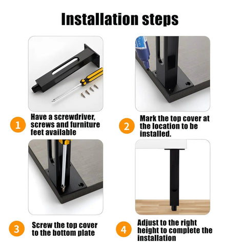 Installation steps for Adjustable Metal Furniture Legs 4 Pack, Heavy Duty Aluminum Alloy Support Feet for tables and cabinets.