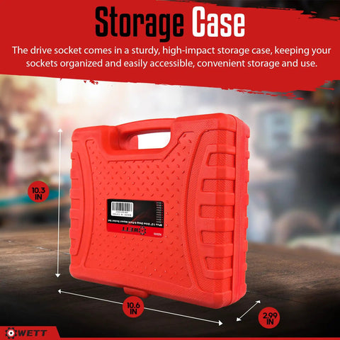 Half Inch Drive Deep Impact Socket Set in red storage case, 9 Piece Metric 29mm to 38mm 6 Point Axle Nut Sockets packaging.