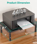 Go To Adjustable Desk Monitor Stand With Laptop Riser And Under Desk Storage, supports printer, shown with dimensions and weight