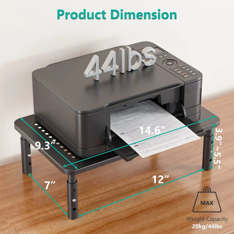Go To Adjustable Desk Monitor Stand With Laptop Riser And Under Desk Storage, supports printer, shown with dimensions and weight