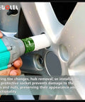 Using 22mm Thin-Wall Wheel Protector Impact Socket For Lug Nuts on car rim, non-marring deep socket in action with impact wrench