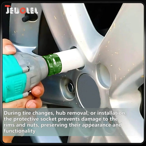 Using 22mm Thin-Wall Wheel Protector Impact Socket For Lug Nuts on car rim, non-marring deep socket in action with impact wrench