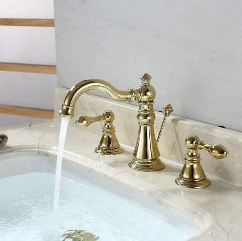 8 Inch Widespread Polished Brass Bathroom Faucet With Two Handles And Brass Pop Up Drain For 3 Hole Sink Lead Free