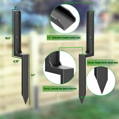 Heavy Duty Fence Post Repair Stakes Kit No Nonsense Solid One Eighth Inch Thickened Carbon Steel One Piece Ground Anchor For Repairing Leaning Privacy Fence And Mailbox Posts Black 2 Pack, with measurement details and material highlights.
