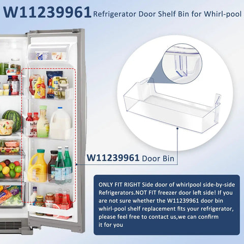 Open refrigerator displaying W11239961 Refrigerator Door Shelf Bin Replacement for WRS325SDH, right side door bin
