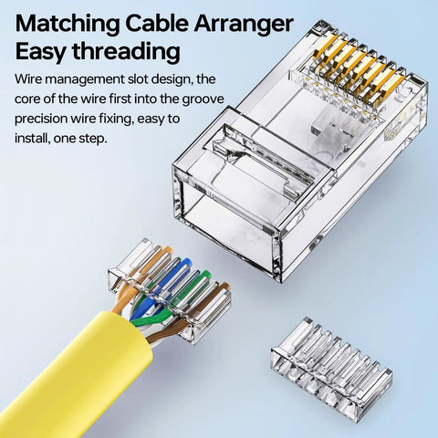 Close-up view of Cat6 RJ45 Modular Plug Connectors With Load Bar Gold Plated 100 Pack for Ethernet cable installation.