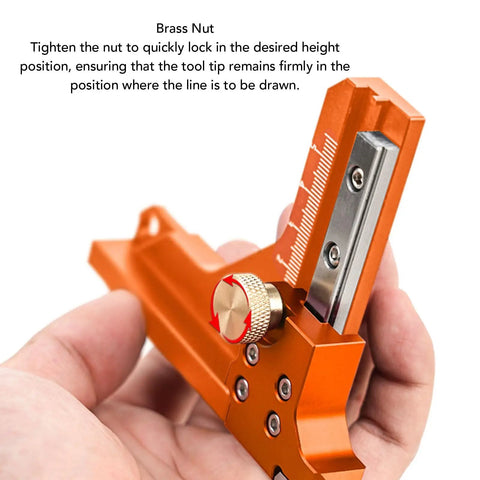 Heavy Duty Aluminum Alloy Height Gauge And Depth Ruler Offering Dual Measurement Scales showing brass nut adjustment for precise measurements.