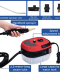 Heavy Duty Handheld Steam Cleaner With 2500W Pressurized High Temp Power To Blast Away Baked On Grease And Tough Built Up Crud Across Kitchen Tile And Car Surfaces Quick, showing handheld sprayer with attachments and water tank.