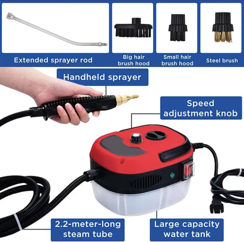 Heavy Duty Handheld Steam Cleaner With 2500W Pressurized High Temp Power To Blast Away Baked On Grease And Tough Built Up Crud Across Kitchen Tile And Car Surfaces Quick, showing handheld sprayer with attachments and water tank.