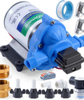 12V Water Pump With 3.5 GPM Flow Pure Copper Diaphragm Motor Self Priming Design Easy Hookup Adjustable 40 to 80 PSI Switch Built For RV Marine And Farm Use Smooth Reliable Power For Water On The Go with installation accessories.