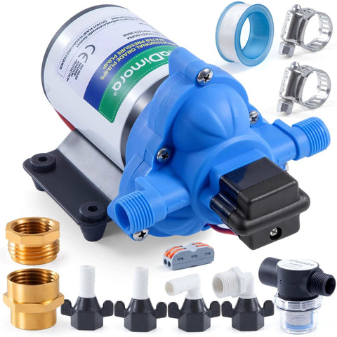 12V Water Pump With 3.5 GPM Flow Pure Copper Diaphragm Motor Self Priming Design Easy Hookup Adjustable 40 to 80 PSI Switch Built For RV Marine And Farm Use Smooth Reliable Power For Water On The Go with installation accessories.