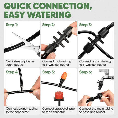 Step-by-step installation of 164Ft Drip Irrigation Kit With Quick Connect Valves For Raised Beds Veggie Gardens And Pots Auto Watering System.