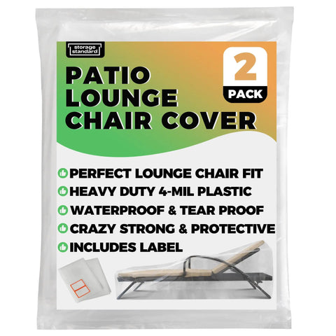 Front packaging of 2 Pack Waterproof Outdoor Chaise Lounge Covers For Patio Furniture Heavy Duty Clear Plastic Protectors For Lounge Chairs Reusable Rain Dust Stain Shield Fits 84 X 32 X 32 Inches
