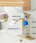 Brushed Gold Waterfall Bathroom Faucet For Vanity Deck Mounted Single Hole or 3 Hole with visible internal ceramic cartridge components.