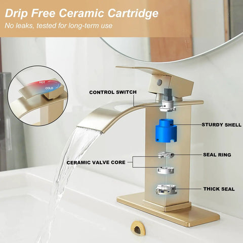 Brushed Gold Waterfall Bathroom Faucet For Vanity Deck Mounted Single Hole or 3 Hole with visible internal ceramic cartridge components.