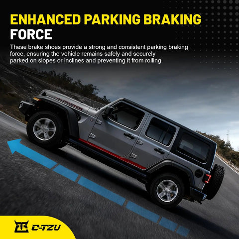 Chevrolet Silverado 1500 And GMC Sierra 1500 rear parking brake shoes kit illustration with SUV on incline